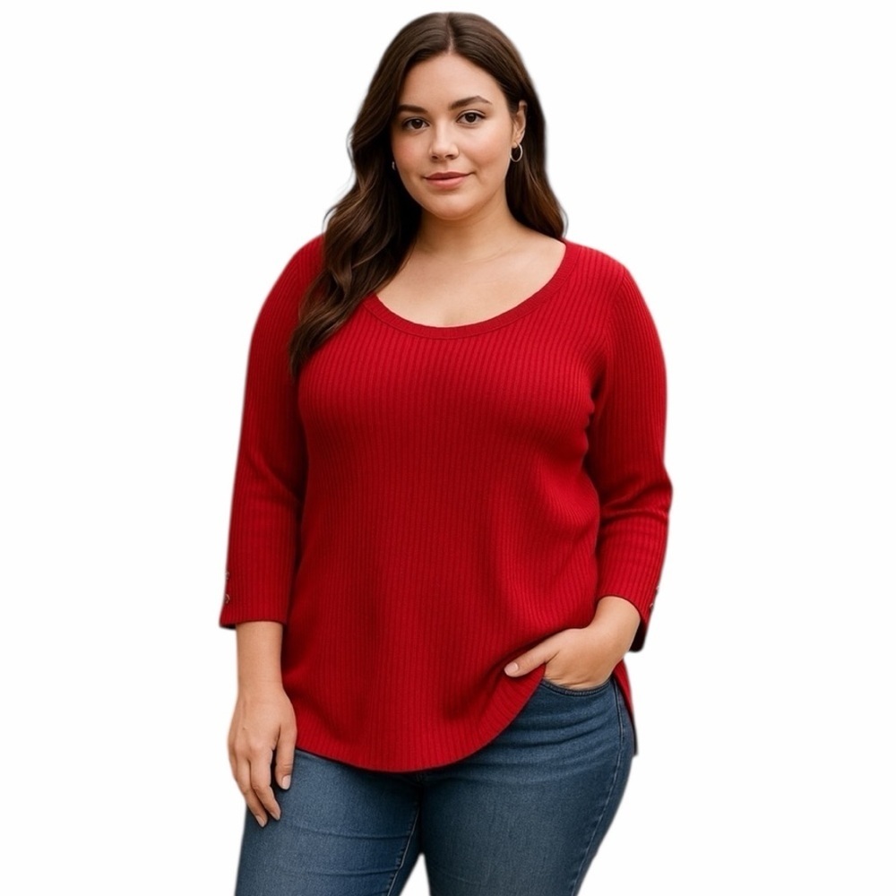 Lane Bryant Womens Size 18 Red Ribbed 3/4 Button Sleeve Pullover Sweater Work